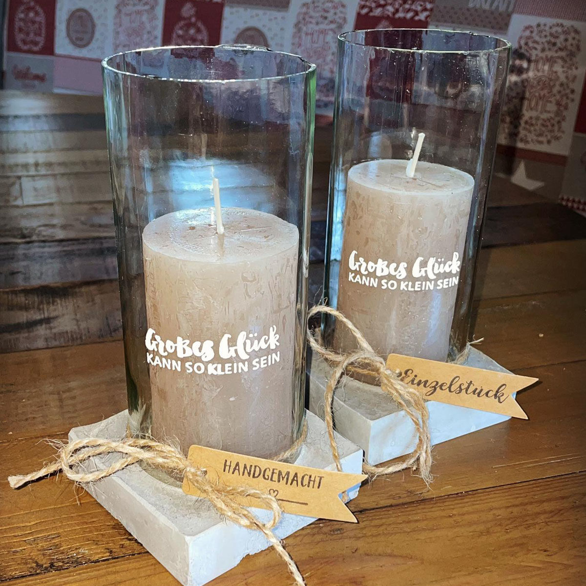 Kerze im Glas mit Spruch und Untersetzer